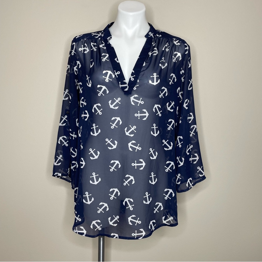 Nautical Anchor Print Tunic Blouse Long or Rolled Sleeves Navy Blue and White